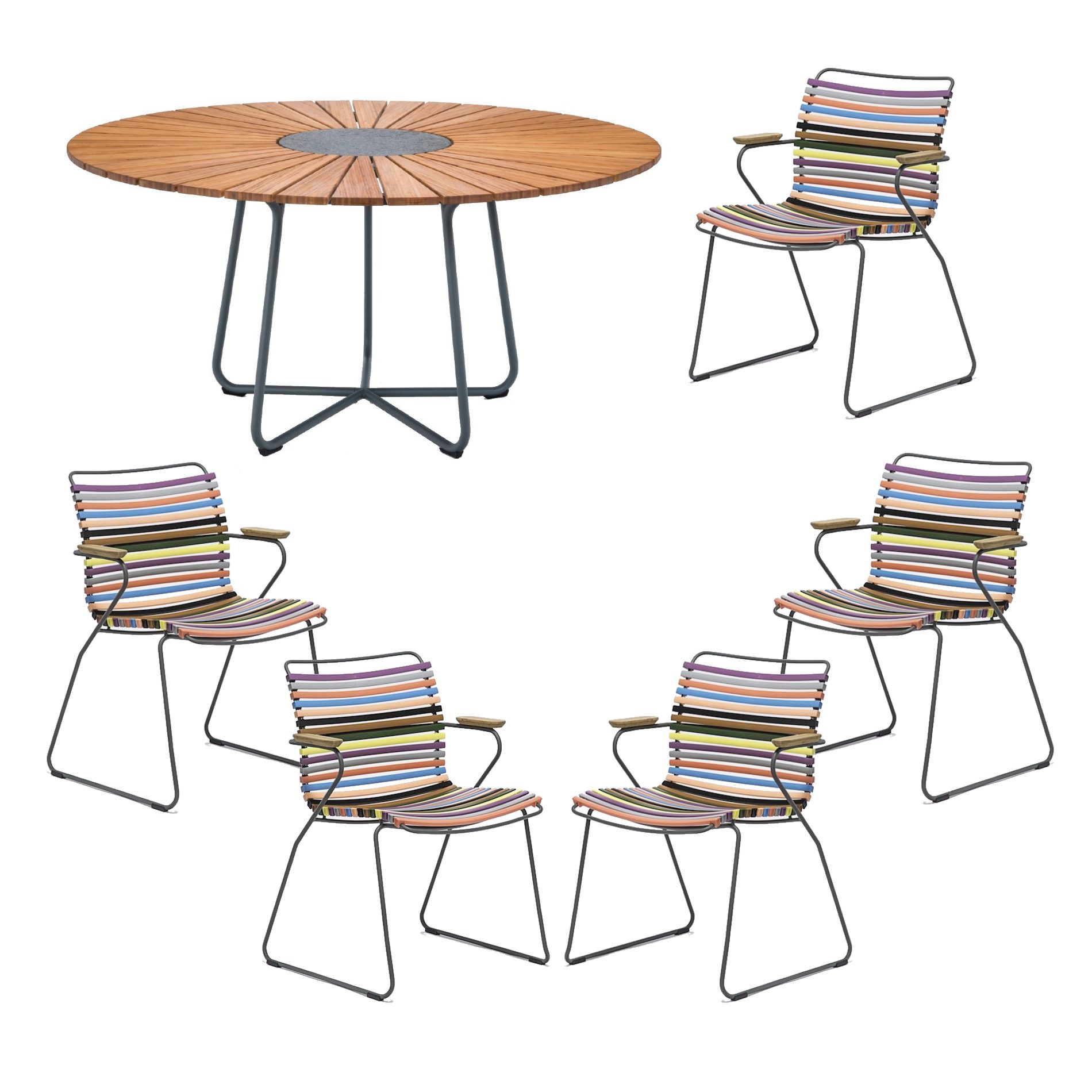 Houe Gartenmöbel-Set mit Tisch "Circle" Ø 150 cm und 5x Stapelsessel "Click", Lamellen multicolor 1 (warme Farben), Tischplatte Bambus