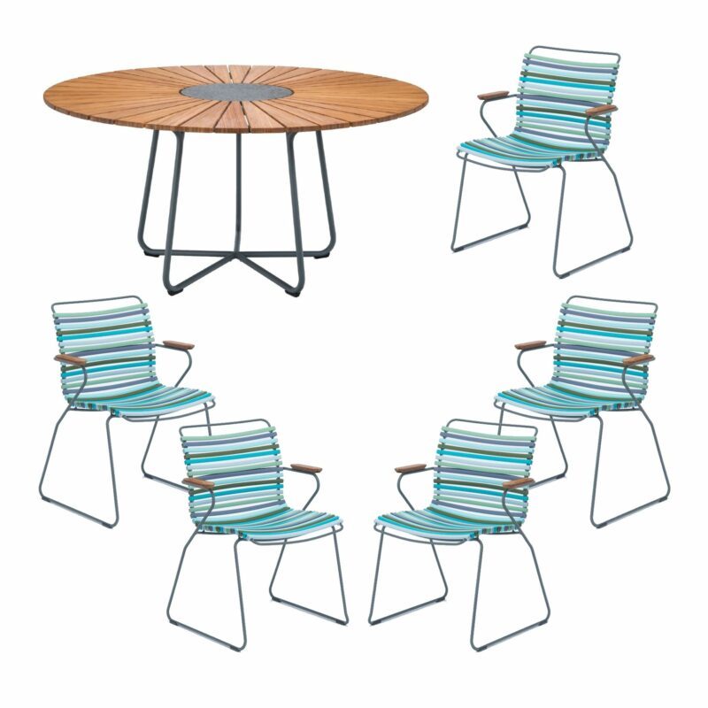 Houe Gartenmöbel-Set mit Tisch "Circle" Ø 150 cm und 5x Stapelsessel "Click", Lamellen multicolor 2 (kühle Farben), Tischplatte Bambus