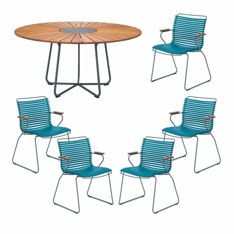 Houe Gartenmöbel-Set mit Tisch "Circle" Ø 150 cm und 5x Stapelsessel "Click", Lamellen petrol, Tischplatte Bambus