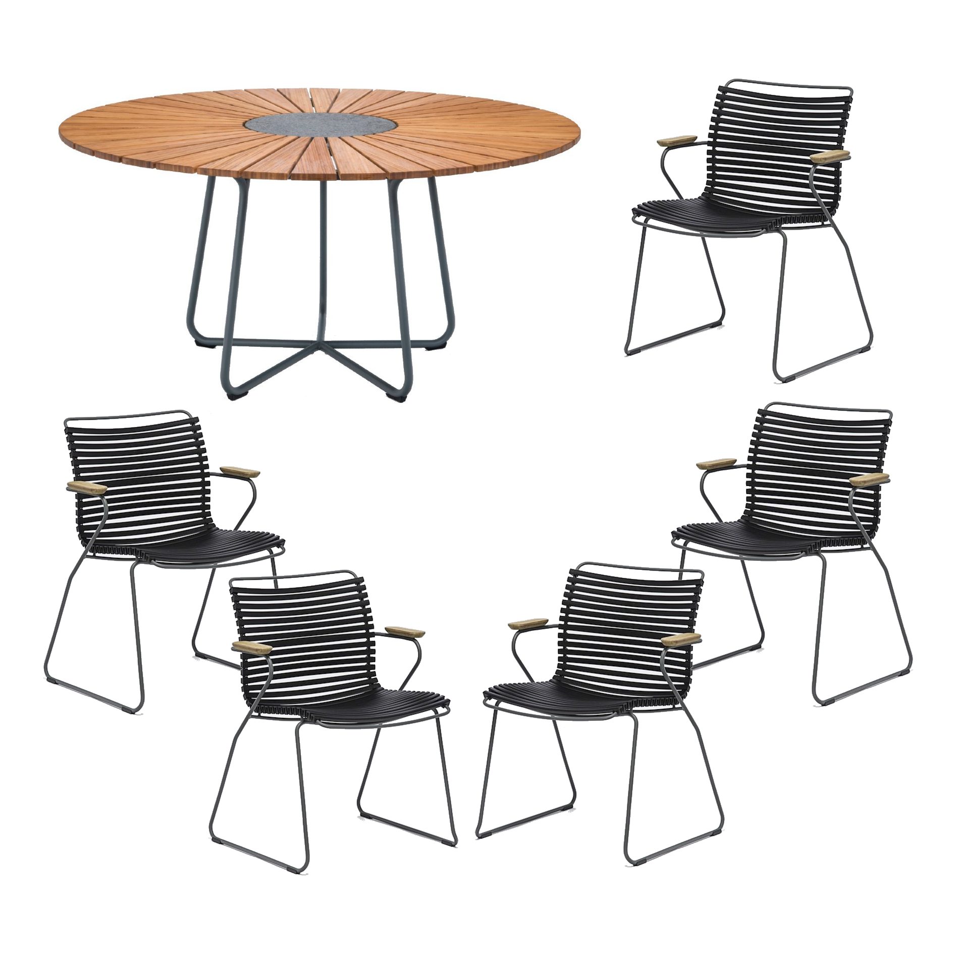 Houe Gartenmöbel-Set mit Tisch "Circle" Ø 150 cm und 5x Stapelsessel "Click", Lamellen schwarz, Tischplatte Bambus