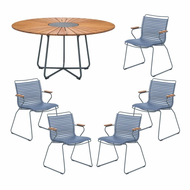 Houe Gartenmöbel-Set mit Tisch "Circle" Ø 150 cm und 5x Stapelsessel "Click", Lamellen taubenblau, Tischplatte Bambus