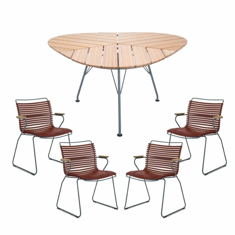 Houe Gartenmöbel-Set mit Gartentisch "Leaf" 146x146 cm und 4x Stapelsessel "Click", Lamellen paprika, Tischplatte Bambus