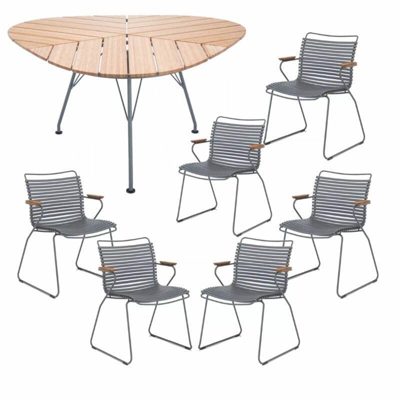 Houe Gartenmöbel-Set mit Gartentisch "Leaf" 146x146 cm und 6x Stapelsessel "Click", Lamellen dunkelgrau, Tischplatte Bambus