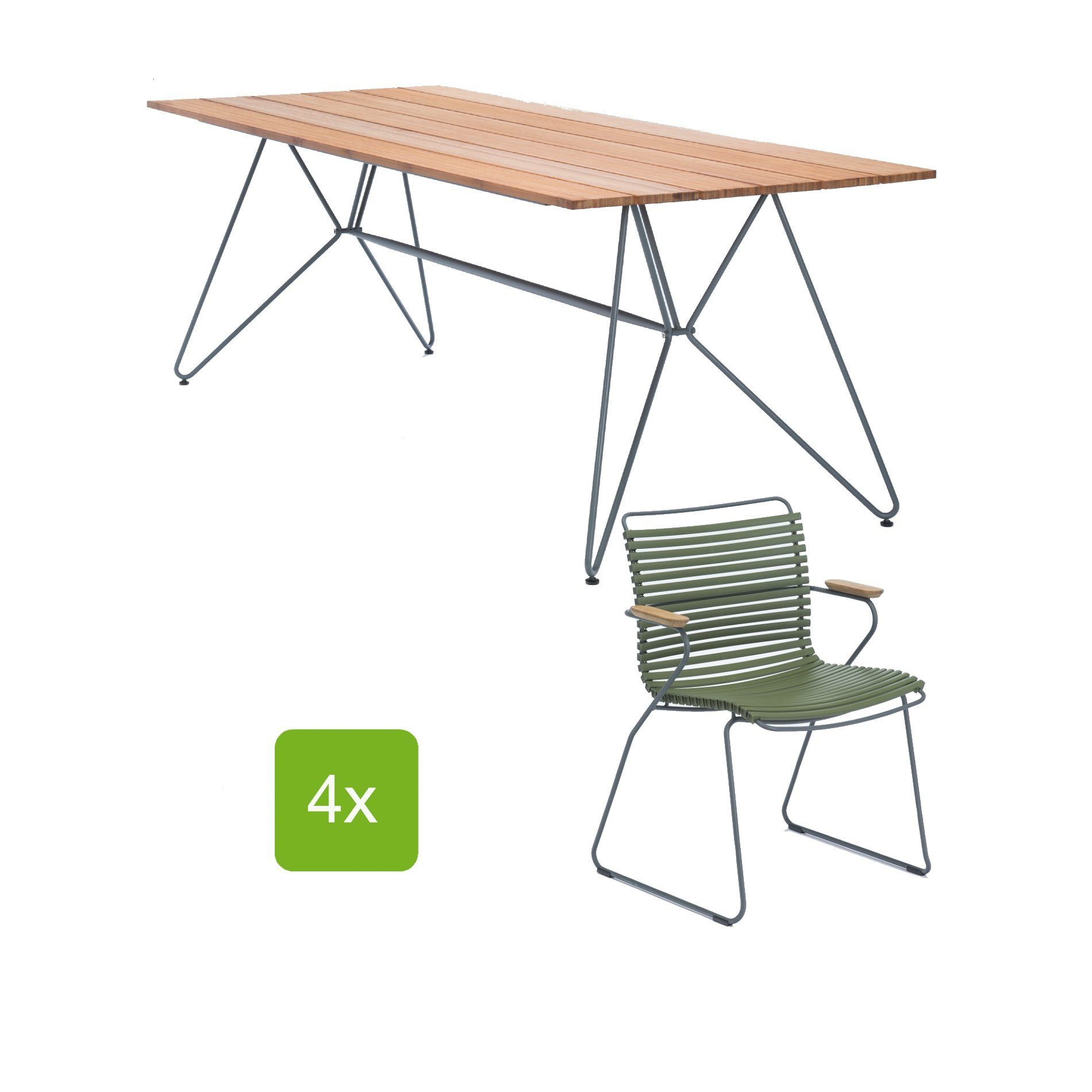 Houe Gartentisch "Sketch" 220x88 cm mit 4 Stühlen "Click", Lamellen olivgrün