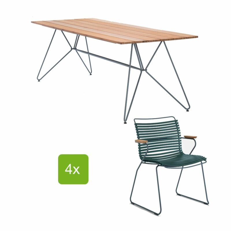 Houe Gartentisch "Sketch" 220x88 cm mit 4 Stühlen "Click", Lamellen pine green