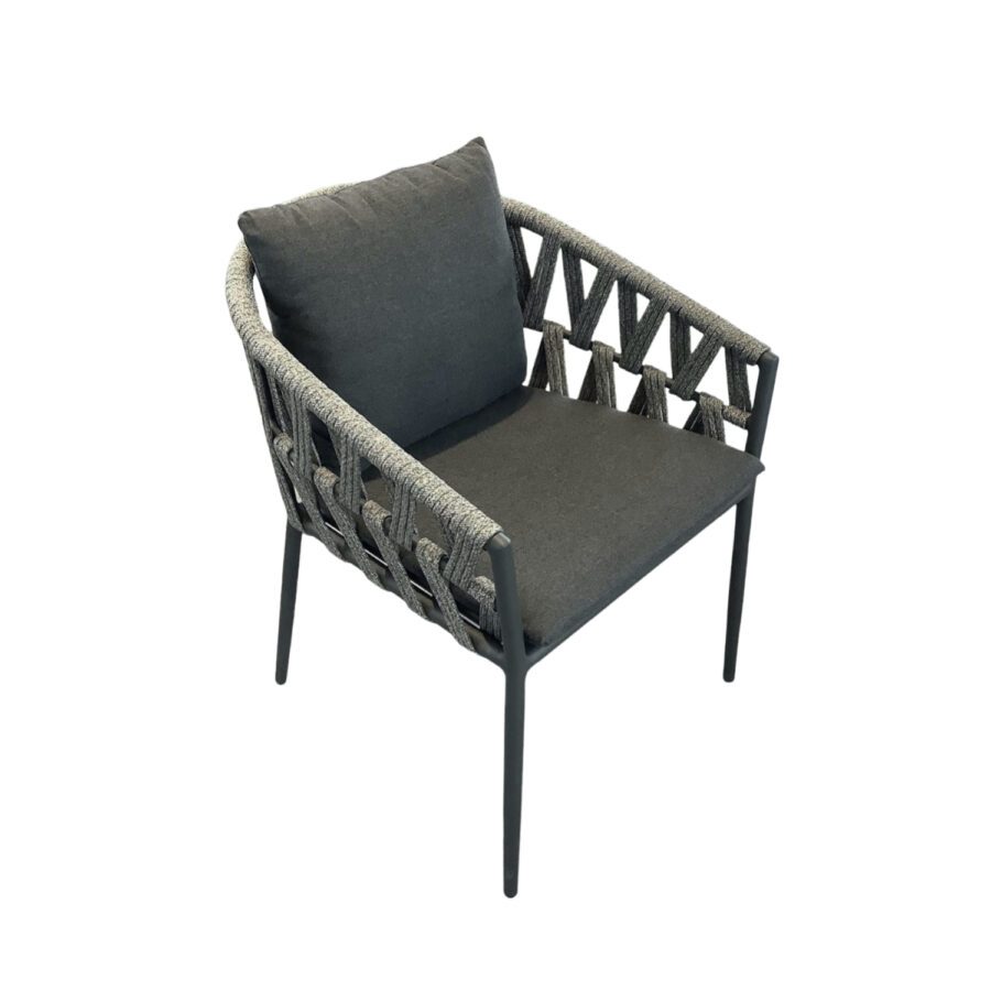 Jati&Kebon Dining-Sessel "Fortuna", Aluminium eisengrau, Rope cross weaving grau meliert, Kissen Natte sooty