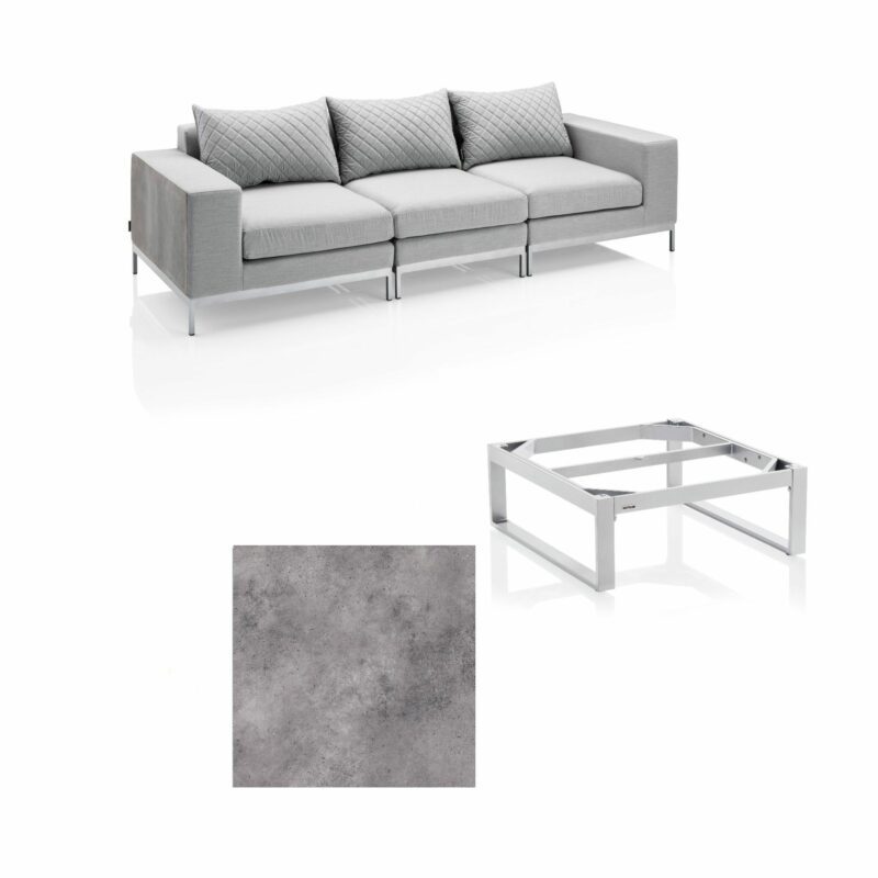 Kettler "Ego Modular" Loungegruppe mit 2 Endteilen, Mittelteil und "Ego" Loungetisch, Gestelle Alu silber, Tischplatte HPL anthrazit