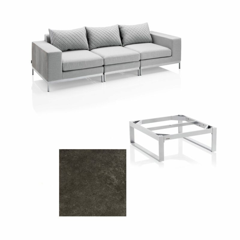 Kettler "Ego Modular" Loungegruppe mit 2 Endteilen, Mittelteil und "Ego" Loungetisch, Gestelle Alu silber, Tischplatte Keramik anthrazit