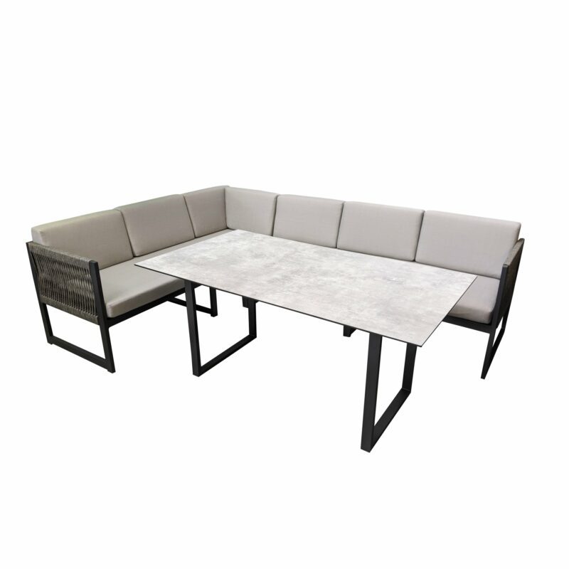 Jati&Kebon "Yoro" Rope, Casual Dining, SET C – lange Seite links | Tischplatte HPL Granit hellgrau, Gestelle Alu eisengrau, Rope grau meliert, Polster Olefin light grey