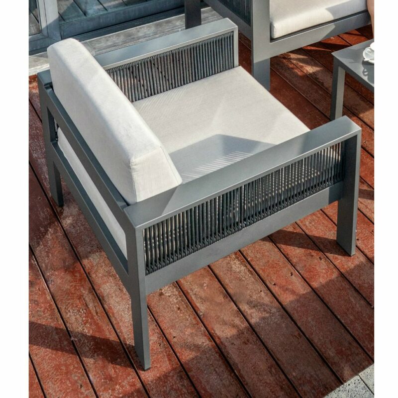 Jati&Kebon Loungesessel "Miray", Gestell Aluminum eisengrau (charcoal), Rope schwarz, Polster hellgrau