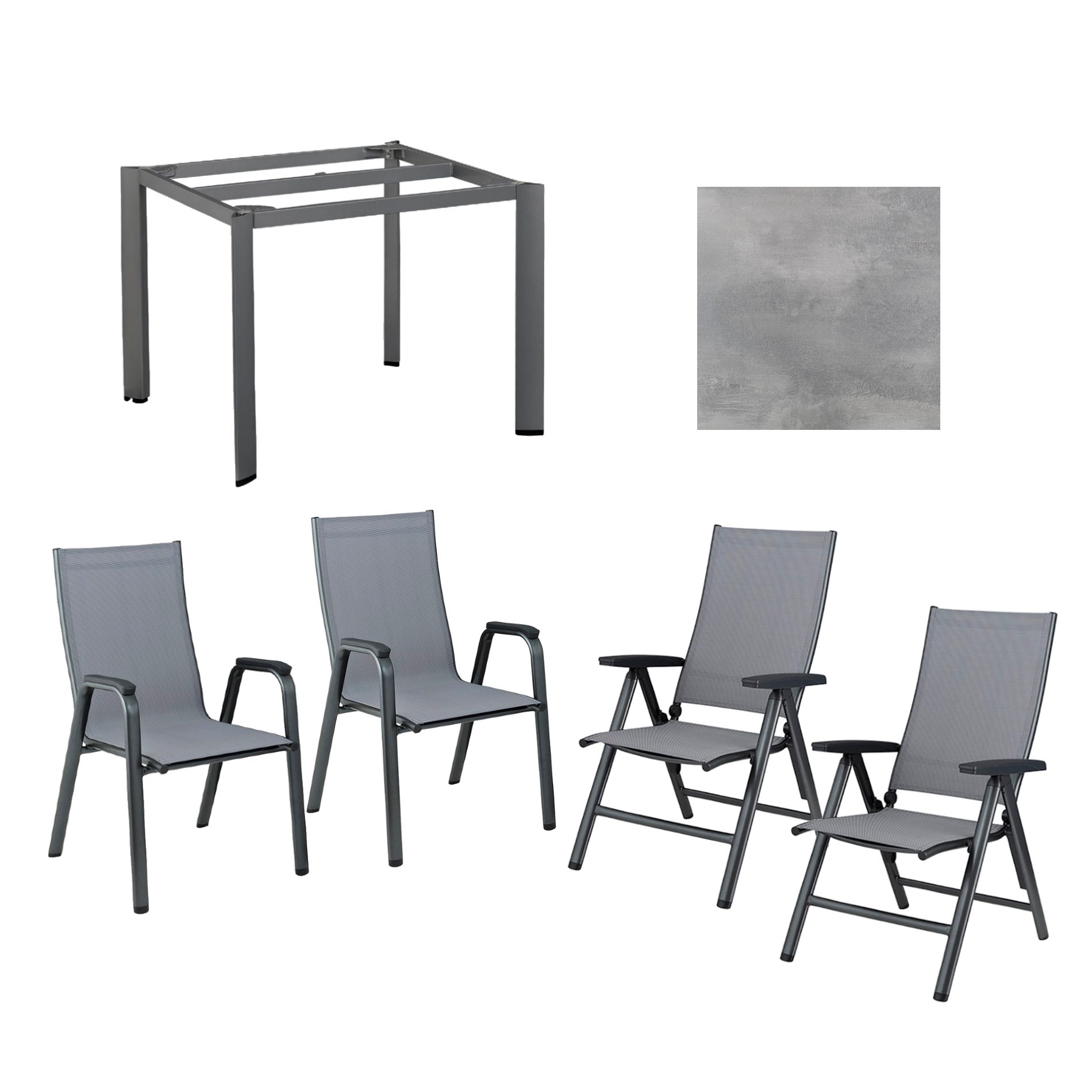 Kettler Gartenmöbel-Set mit "Cirrus" Klapp- und Stapelsessel und "Edge" Gartentisch, Gestelle Aluminium anthrazit, Sitz Textilgewebe anthrazit-grau, Tischplatte HPL silber-grau
