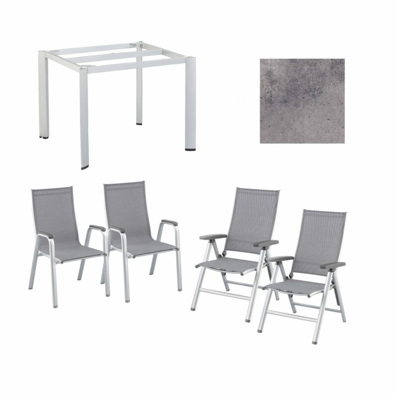 Kettler Gartenmöbel-Set mit "Cirrus" Klapp- und Stapelsessel und "Edge" Gartentisch, Gestelle Aluminium silber, Sitz Textilgewebe anthrazit-grau, Tischplatte HPL anthrazit