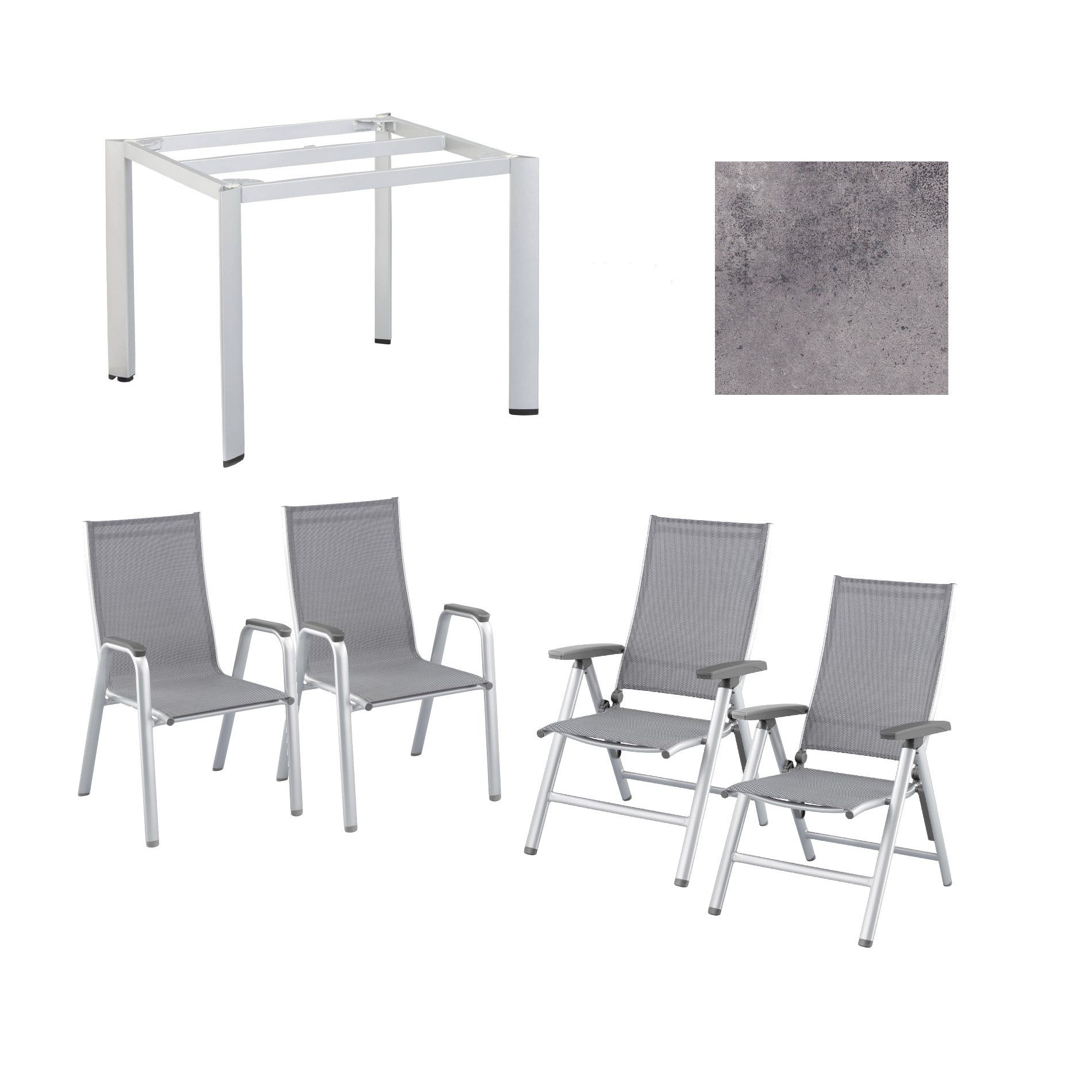 Kettler Gartenmöbel-Set mit "Cirrus" Klapp- und Stapelsessel und "Edge" Gartentisch, Gestelle Aluminium silber, Sitz Textilgewebe anthrazit-grau, Tischplatte HPL anthrazit