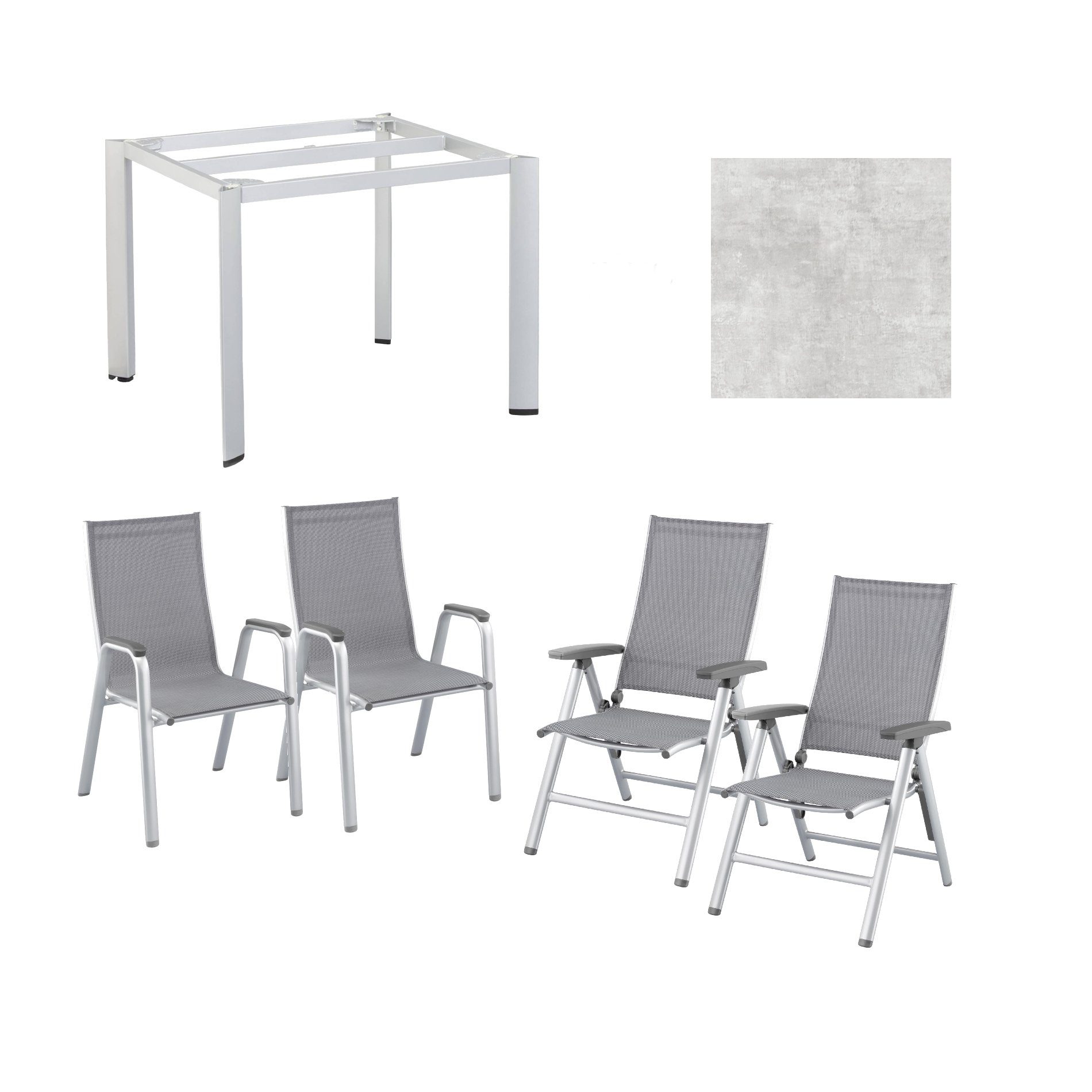 Kettler Gartenmöbel-Set mit "Cirrus" Klapp- und Stapelsessel und "Edge" Gartentisch, Gestelle Aluminium silber, Sitz Textilgewebe anthrazit-grau, Tischplatte HPL hellgrau meliert