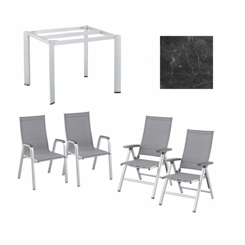 Kettler Gartenmöbel-Set mit "Cirrus" Klapp- und Stapelsessel und "Edge" Gartentisch, Gestelle Aluminium silber, Sitz Textilgewebe anthrazit-grau, Tischplatte HPL Marmor grau