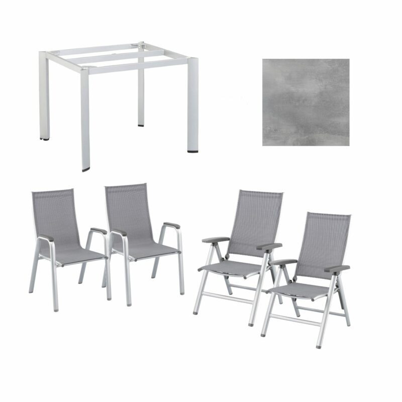 Kettler Gartenmöbel-Set mit "Cirrus" Klapp- und Stapelsessel und "Edge" Gartentisch, Gestelle Aluminium silber, Sitz Textilgewebe anthrazit-grau, Tischplatte HPL silber-grau