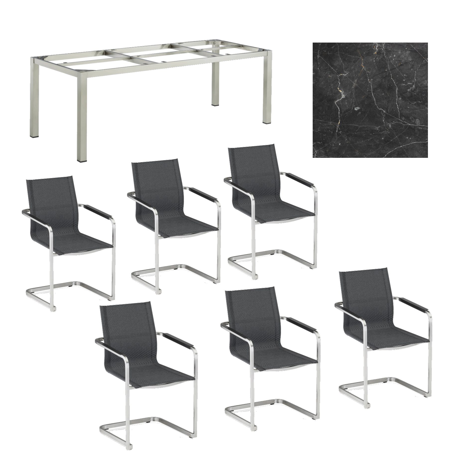Kettler Gartenmöbel-Set mit "Feel" Freischwinger und "Cubic" Tisch 220x95 cm, Gestelle Edelstahl, Sitz grau meliert, Tischplatte HPL Marmor grau