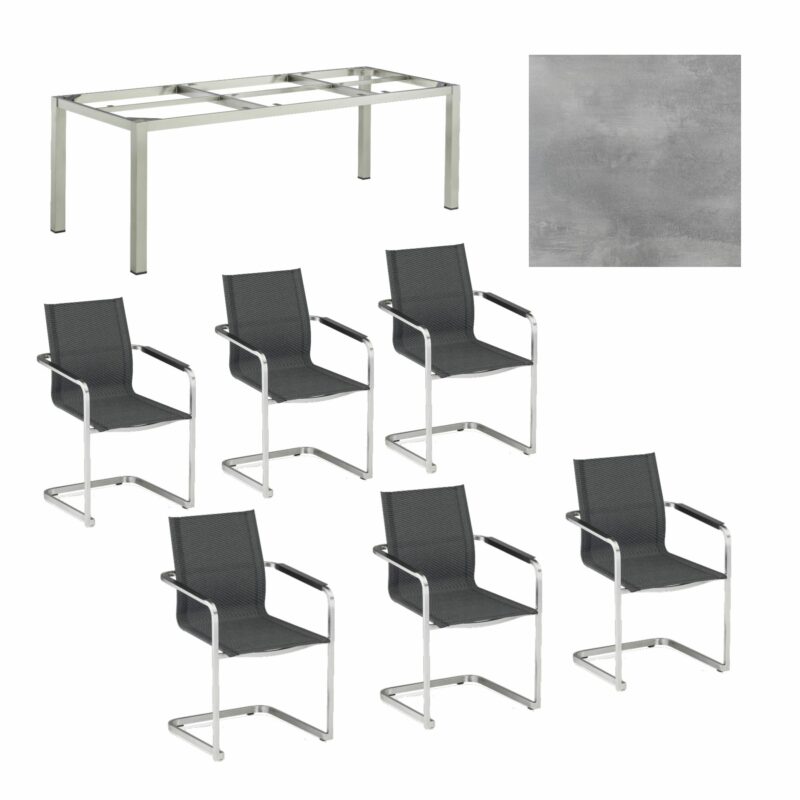 Kettler Gartenmöbel-Set mit "Feel" Freischwinger und "Cubic" Tisch 220x95 cm, Gestelle Edelstahl, Sitz grau meliert, Tischplatte HPL silber-grau