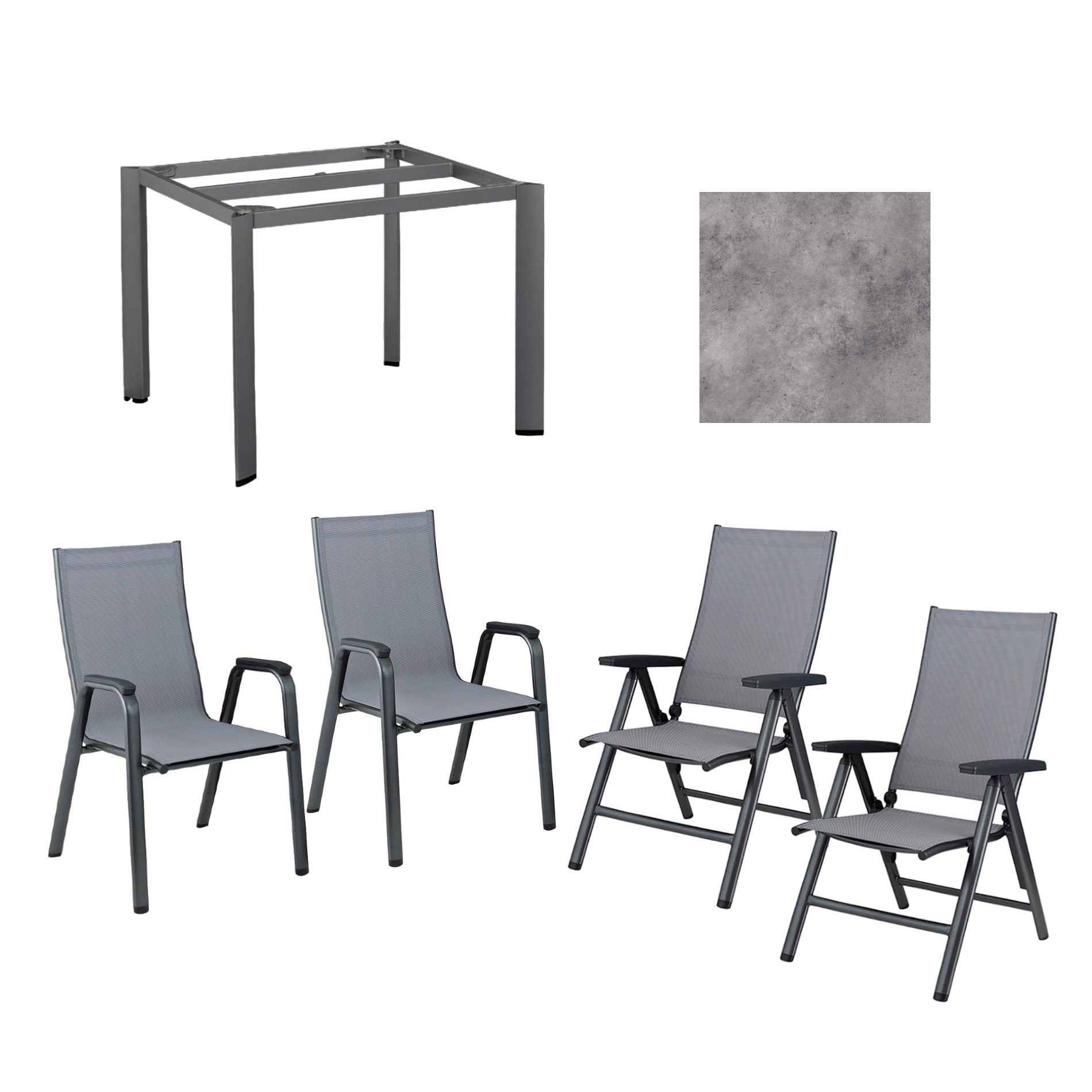 Kettler Gartenmöbel-Set mit "Cirrus" Klapp- und Stapelsessel und "Edge" Gartentisch, Gestelle Aluminium anthrazit, Sitz Textilgewebe anthrazit-grau, Tischplatte HPL anthrazit