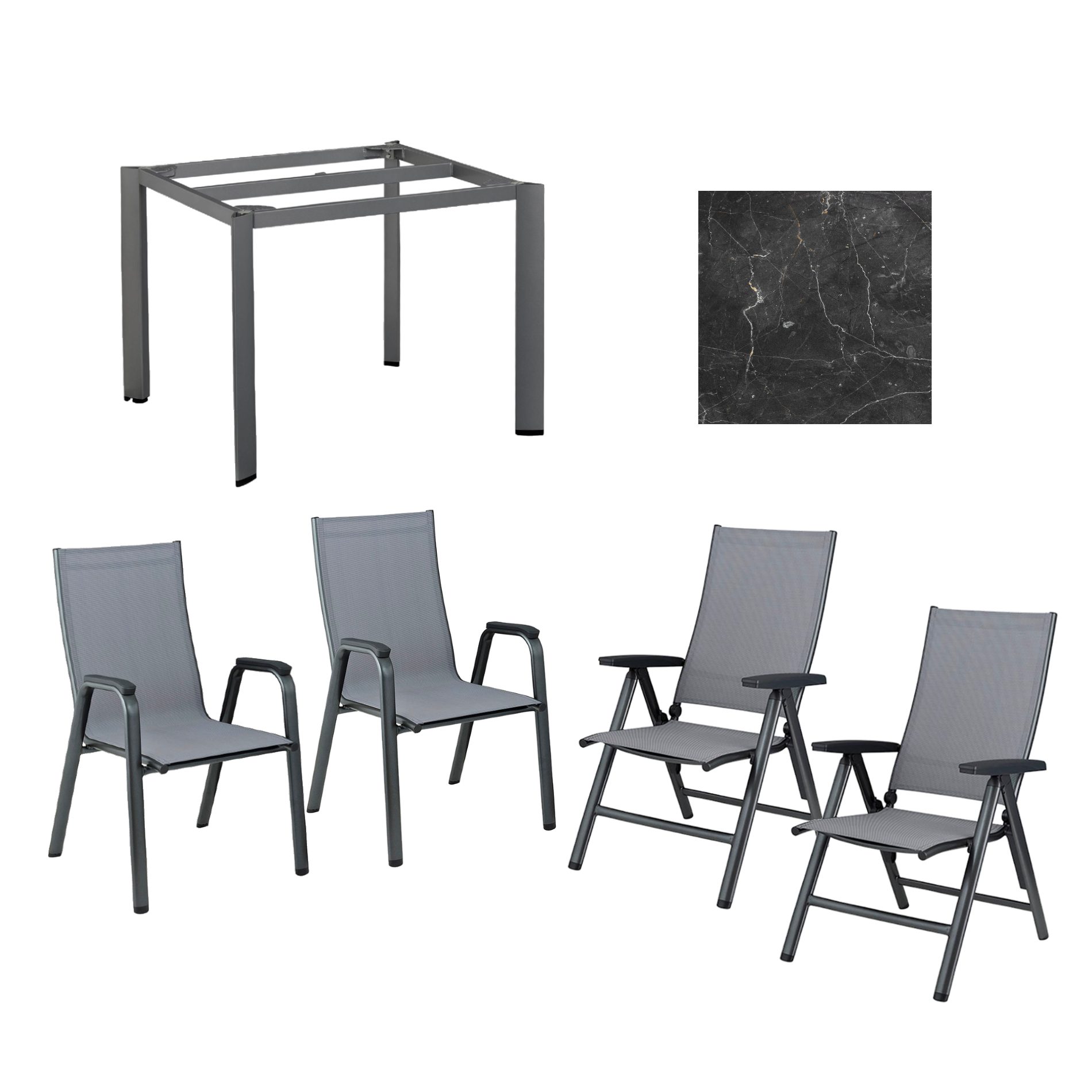 Kettler Gartenmöbel-Set mit "Cirrus" Klapp- und Stapelsessel und "Edge" Gartentisch, Gestelle Aluminium anthrazit, Sitz Textilgewebe anthrazit-grau, Tischplatte HPL Marmor grau
