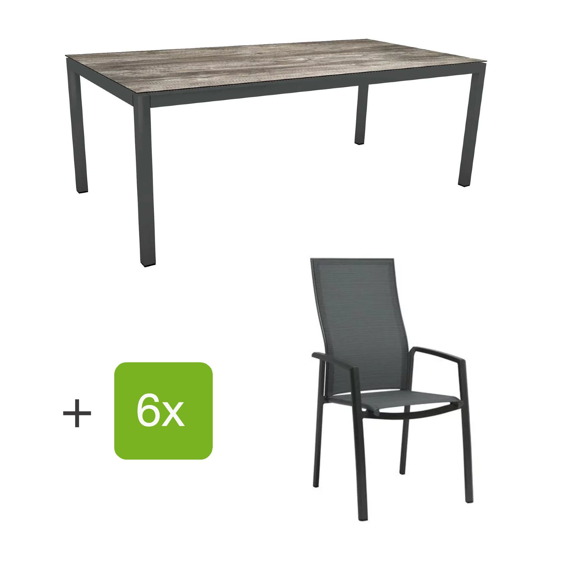 Stern Gartenmöbel-Set mit Hochlehner "Kari", Textilen karbon und Gartentisch 200x100 cm, Gestelle Alu anthrazit, Tischplatte HPL tundra grau