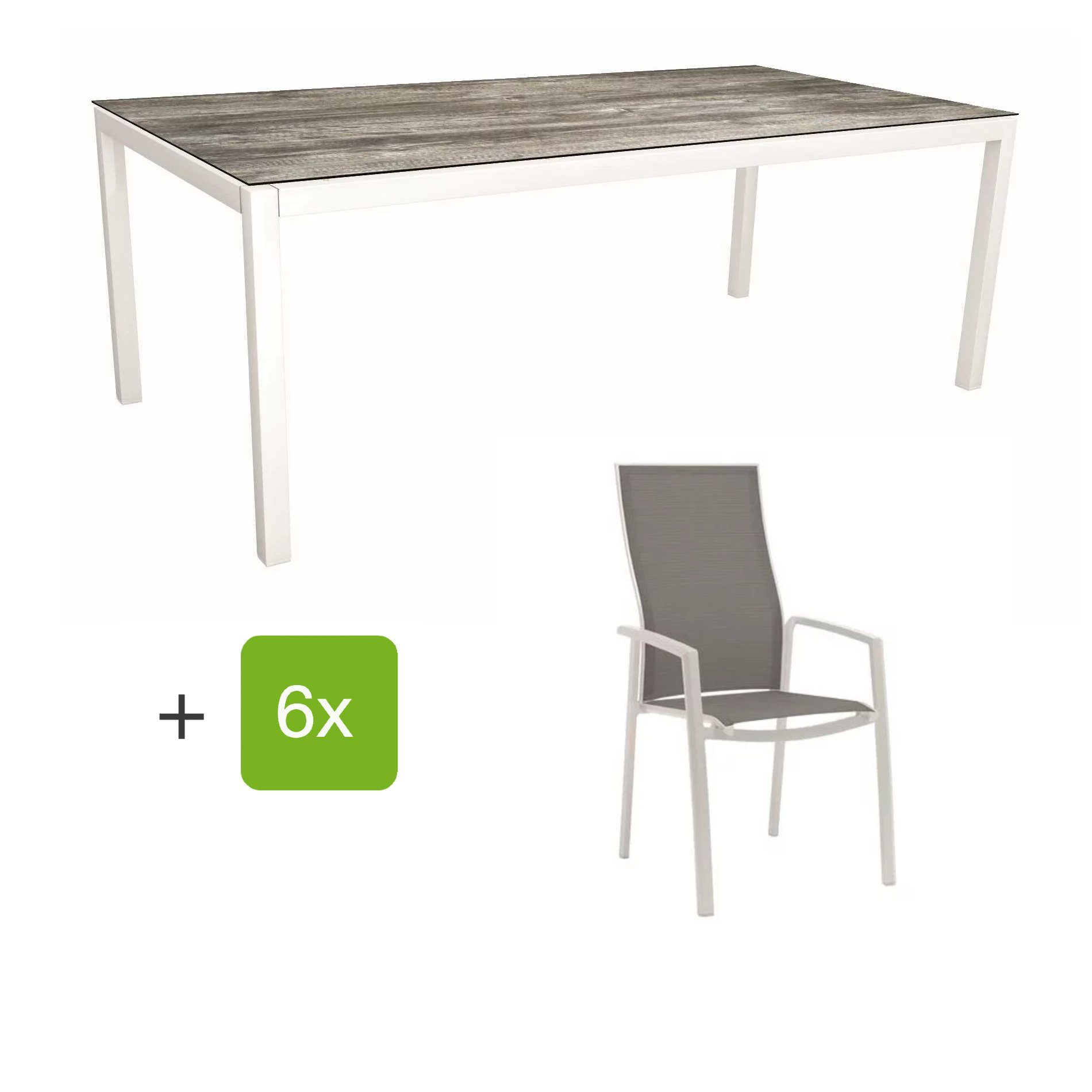 Stern Gartenmöbel-Set mit Hochlehner "Kari", Textilen silber und Gartentisch 200x100 cm, Gestelle Alu weiß, Tischplatte HPL tundra grau