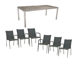 Stern Gartenmöbel-Set mit Stuhl "New Top", Textilgewebe karbon und Tisch 200x100cm, Gestelle Edelstahl, Tischplatte HPL tundra grau