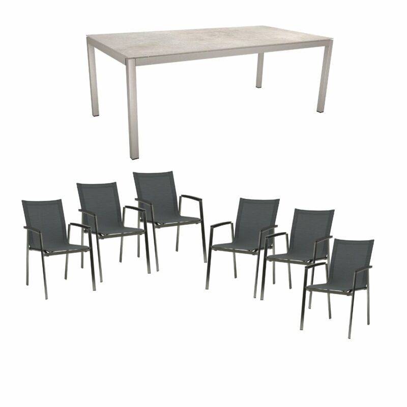 Stern Gartenmöbel-Set mit Stuhl "New Top", Textilgewebe karbon und Tisch 200x100cm, Gestelle Edelstahl, Tischplatte Dekton lava hellgrau