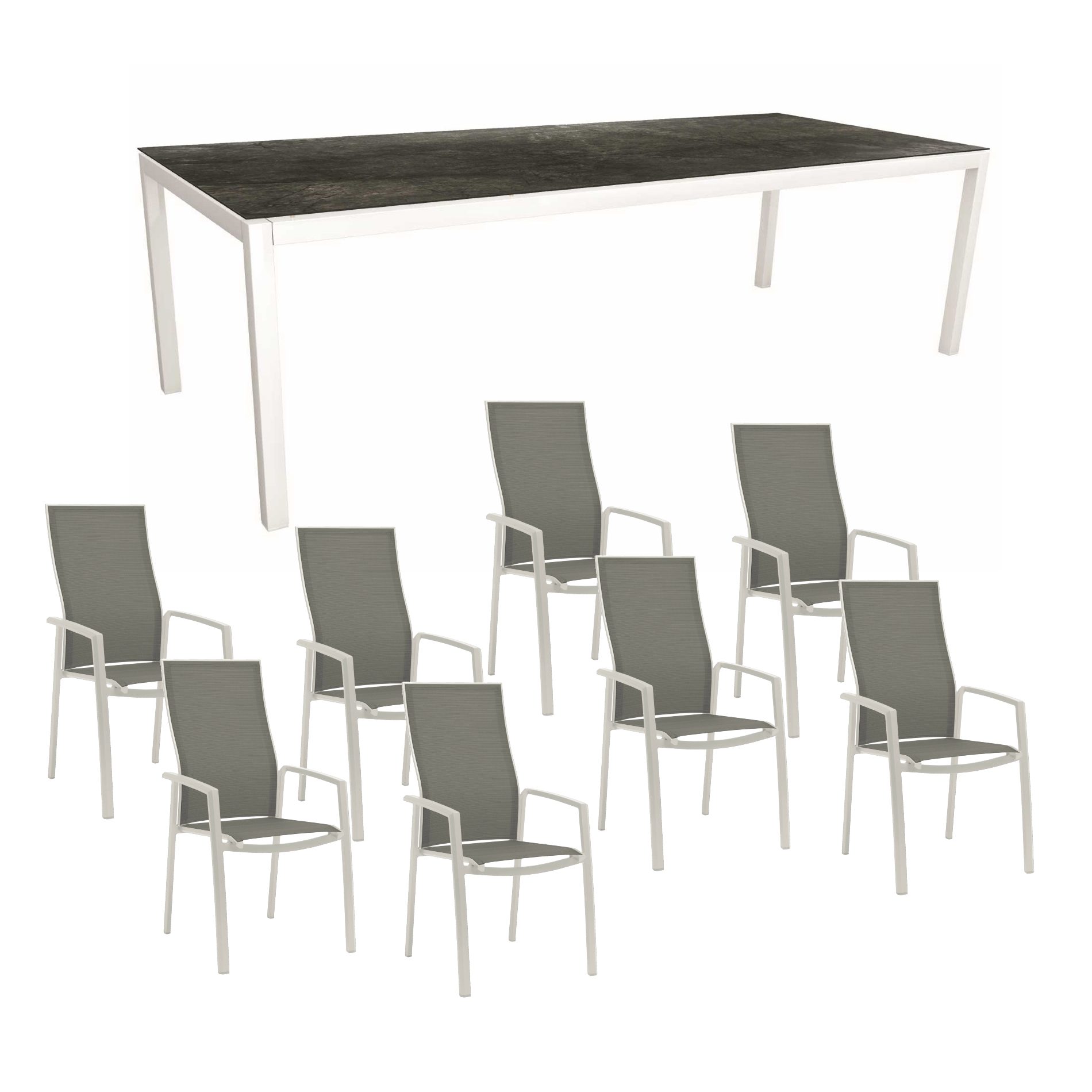 Stern Gartenmöbel-Set mit Hochlehner "Kari", Textilen silber und Gartentisch 250x100 cm, Gestelle Alu weiß, Tischplatte HPL Dark Marble