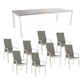 Stern Gartenmöbel-Set mit Hochlehner "Kari", Textilen silber und Gartentisch 250x100 cm, Gestelle Alu weiß, Tischplatte HPL Metallic Grau