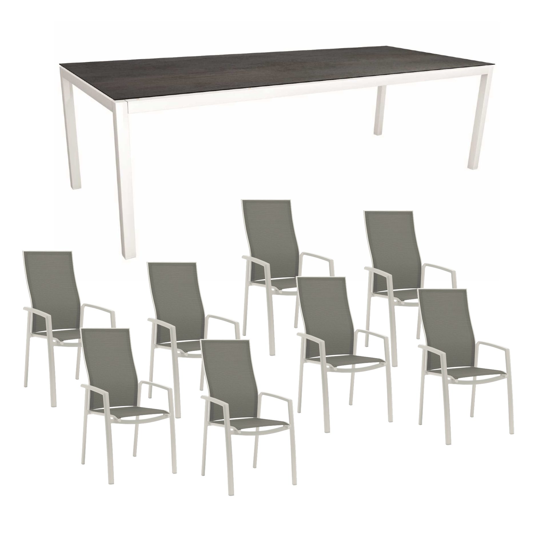 Stern Gartenmöbel-Set mit Hochlehner "Kari", Textilen silber und Gartentisch 250x100 cm, Gestelle Alu weiß, Tischplatte HPL Nitro