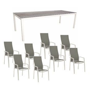 Stern Gartenmöbel-Set mit Hochlehner "Kari", Textilen silber und Gartentisch 250x100 cm, Gestelle Alu weiß, Tischplatte HPL Smoky