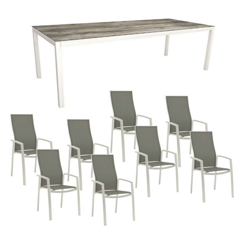 Stern Gartenmöbel-Set mit Hochlehner "Kari", Textilen silber und Gartentisch 250x100 cm, Gestelle Alu weiß, Tischplatte HPL Tundra Grau