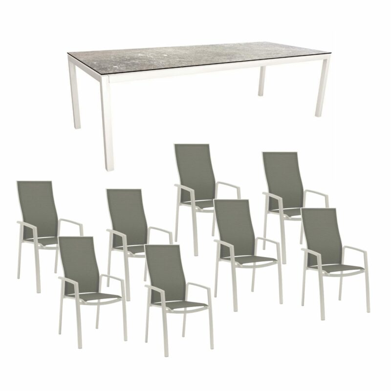 Stern Gartenmöbel-Set mit Hochlehner "Kari", Textilen silber und Gartentisch 250x100 cm, Gestelle Alu weiß, Tischplatte HPL Vintage Stone