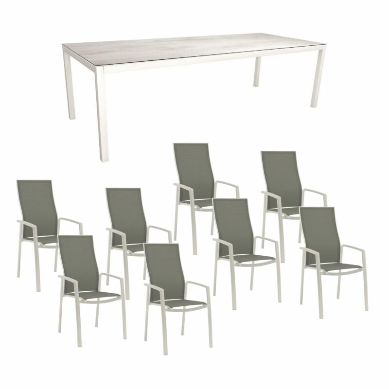Stern Gartenmöbel-Set mit Hochlehner "Kari", Textilen silber und Gartentisch 250x100 cm, Gestelle Alu weiß, Tischplatte HPL Zement hell