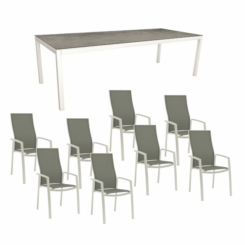 Stern Gartenmöbel-Set mit Hochlehner "Kari", Textilen silber und Gartentisch 250x100 cm, Gestelle Alu weiß, Tischplatte HPL Zement