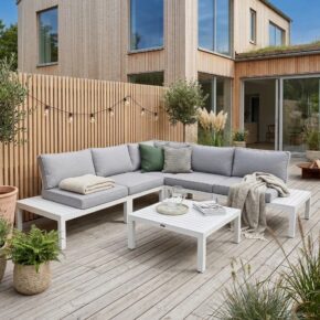 Home Islands "Laos modular" Loungeset, Gestell & Ablagen Aluminium weiß, Polster hellgrau (Bild KI-generiert)