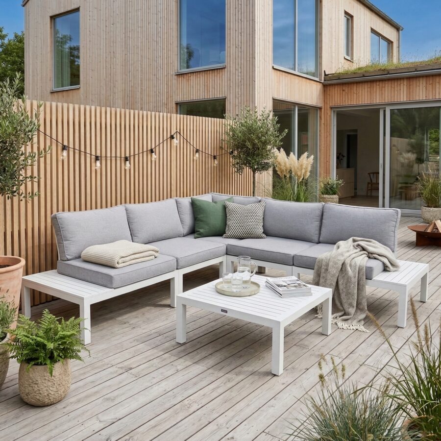 Home Islands "Laos modular" Loungeset, Gestell & Ablagen Aluminium weiß, Polster hellgrau (Bild KI-generiert)