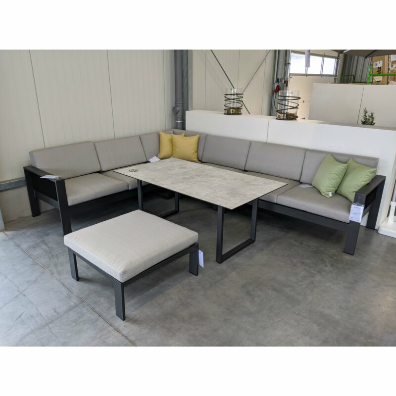 Jati&Kebon Eck-Loungeset "Miray", Aluminium eisengrau, Rope schwarz, Kissen hellgrau, Jati&Kebon Tisch "Rao", Aluminium/HPL Granit hellgrau, ohne Dekokissen