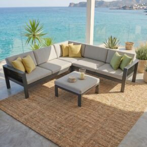 Jati&Kebon "Miray" Eck-Loungeset inkl. Hocker, Aluminium eisengrau, Rope schwarz, Kissen hellgrau (Bild KI-generiert)