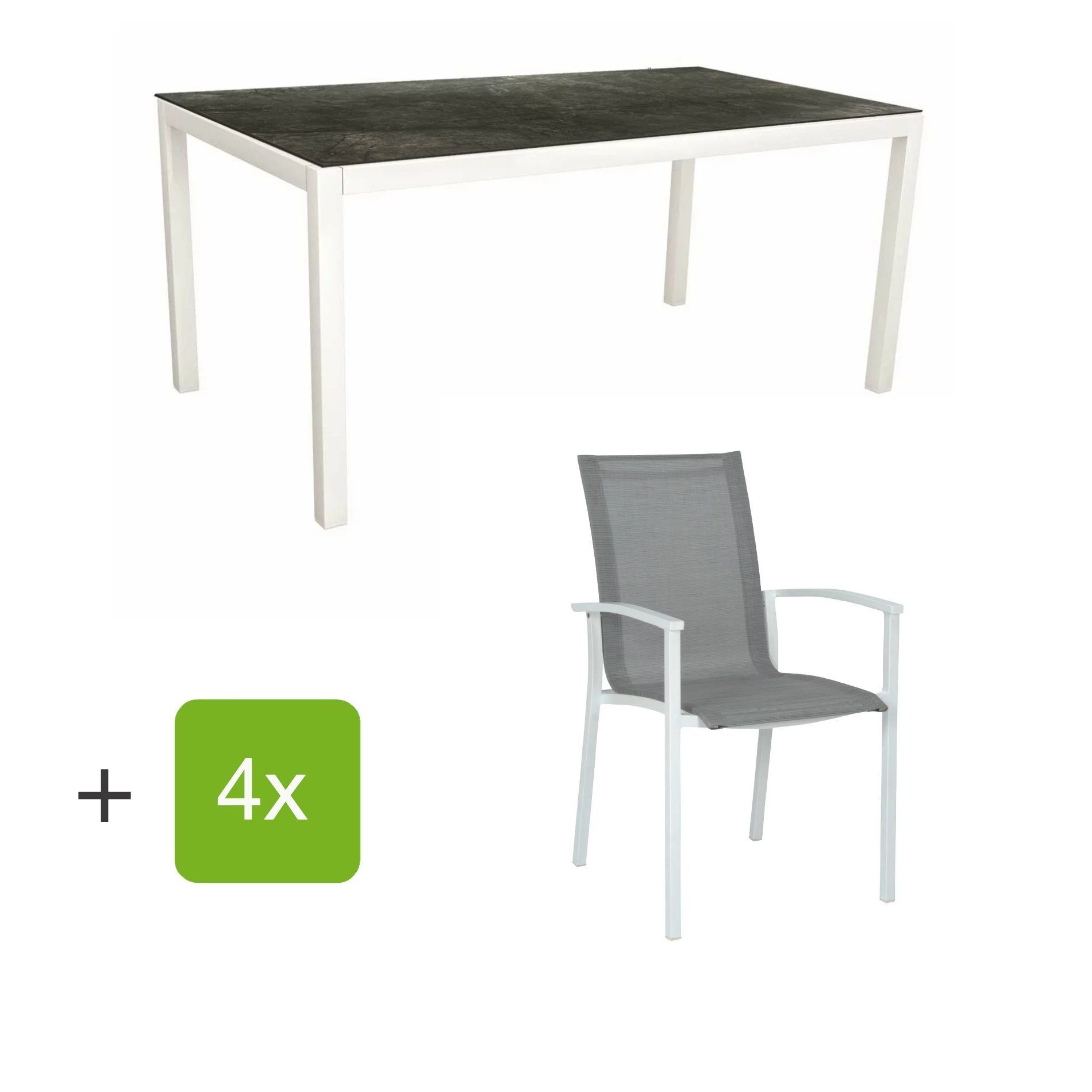 Stern Gartenmöbel-Set "Evoee", Gestelle Aluminium weiß, Sitzfläche Textilgewebe silberfarben, Tischplatte HPL Dark Marble