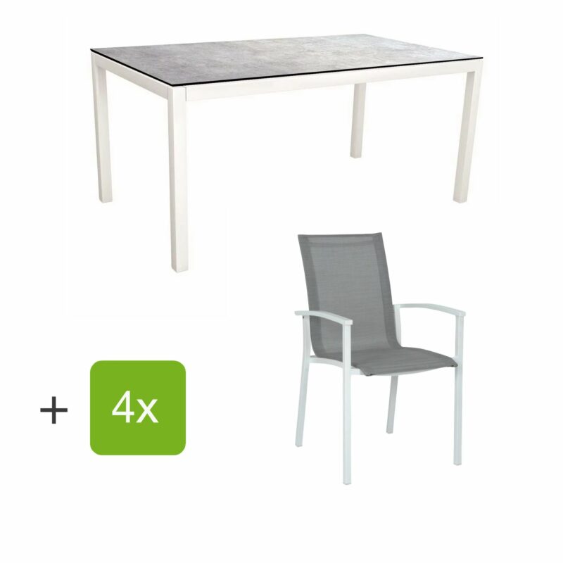 Stern Gartenmöbel-Set "Evoee", Gestelle Aluminium weiß, Sitzfläche Textilgewebe silberfarben, Tischplatte HPL Metallic Grau