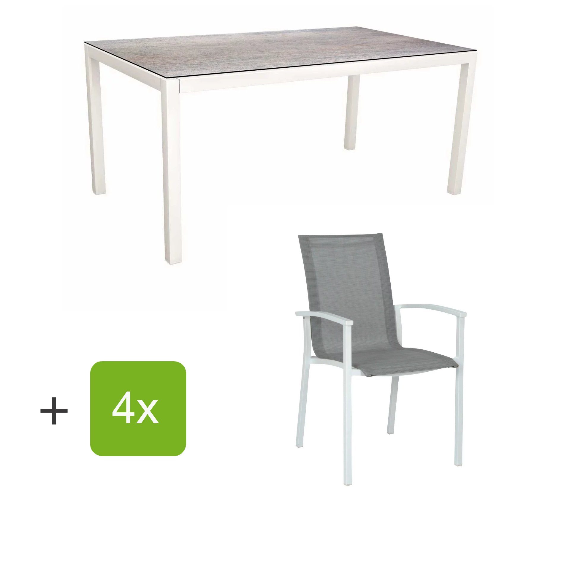 Stern Gartenmöbel-Set "Evoee", Gestelle Aluminium weiß, Sitzfläche Textilgewebe silberfarben, Tischplatte HPL Smoky
