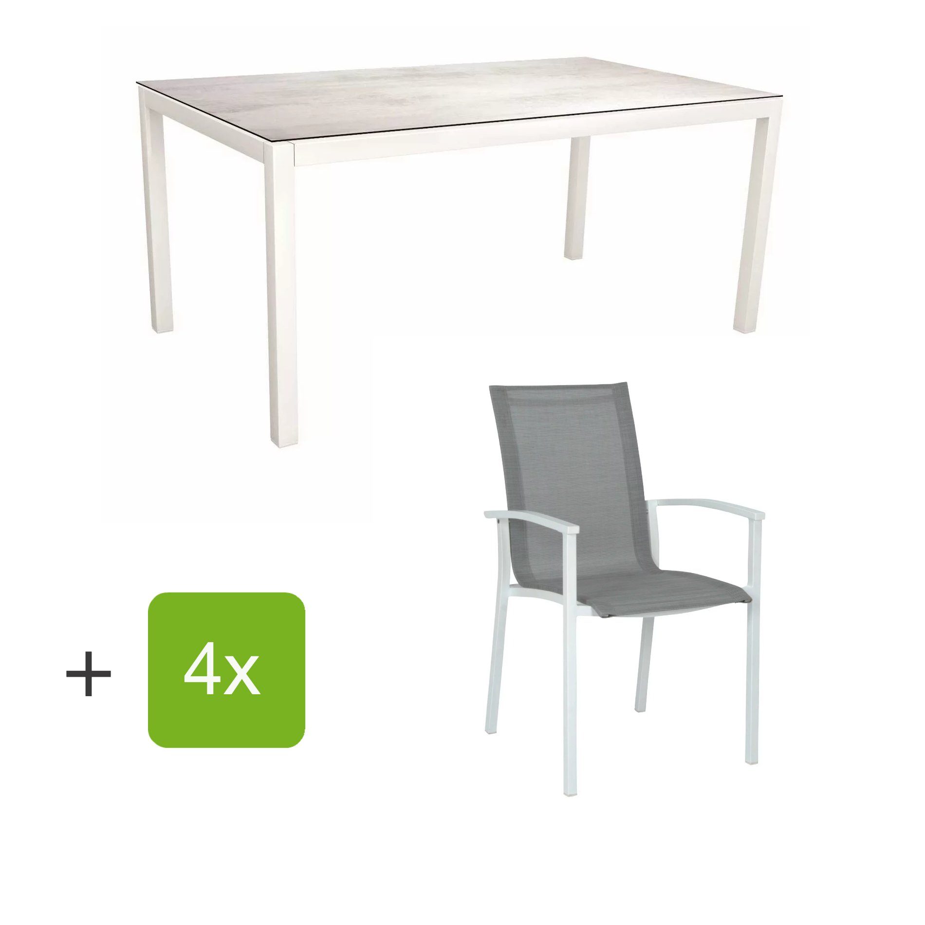 Stern Gartenmöbel-Set "Evoee", Gestelle Aluminium weiß, Sitzfläche Textilgewebe silberfarben, Tischplatte HPL Zement hell