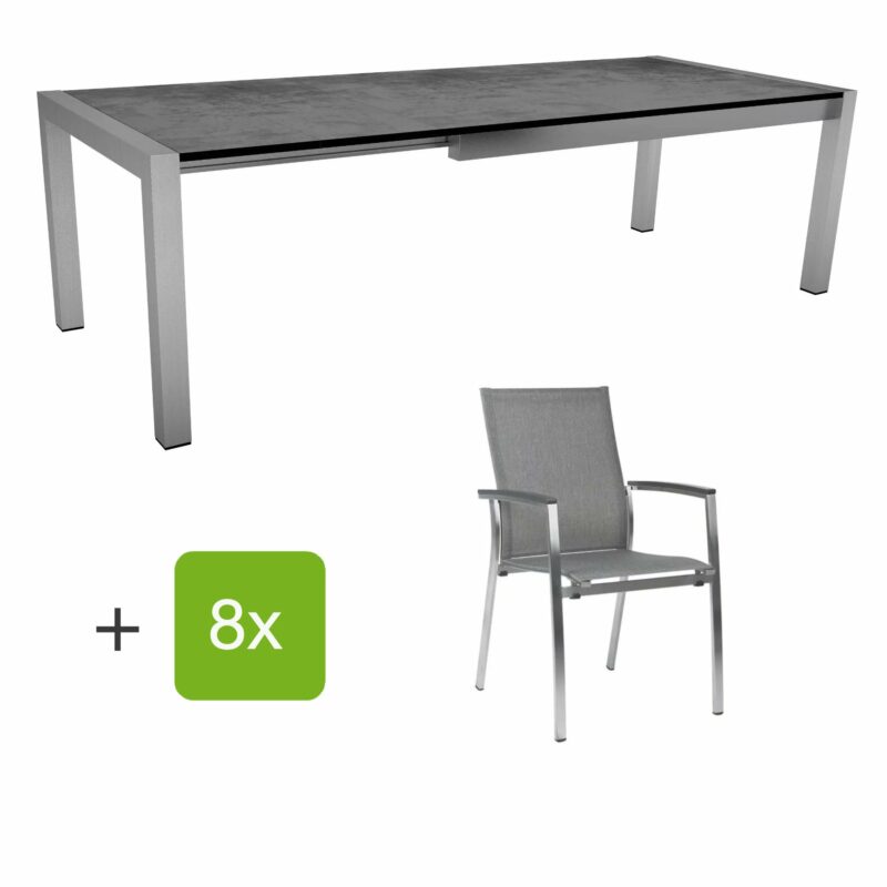 Stern Gartenmöbel-Set mit Stuhl "Mika" und Ausziehtisch, Gestelle Edelstahl, Tischplatte HPL ZementStern Gartenmöbel-Set mit Stuhl "Mika" und Ausziehtisch, Gestelle Edelstahl, Tischplatte Zement