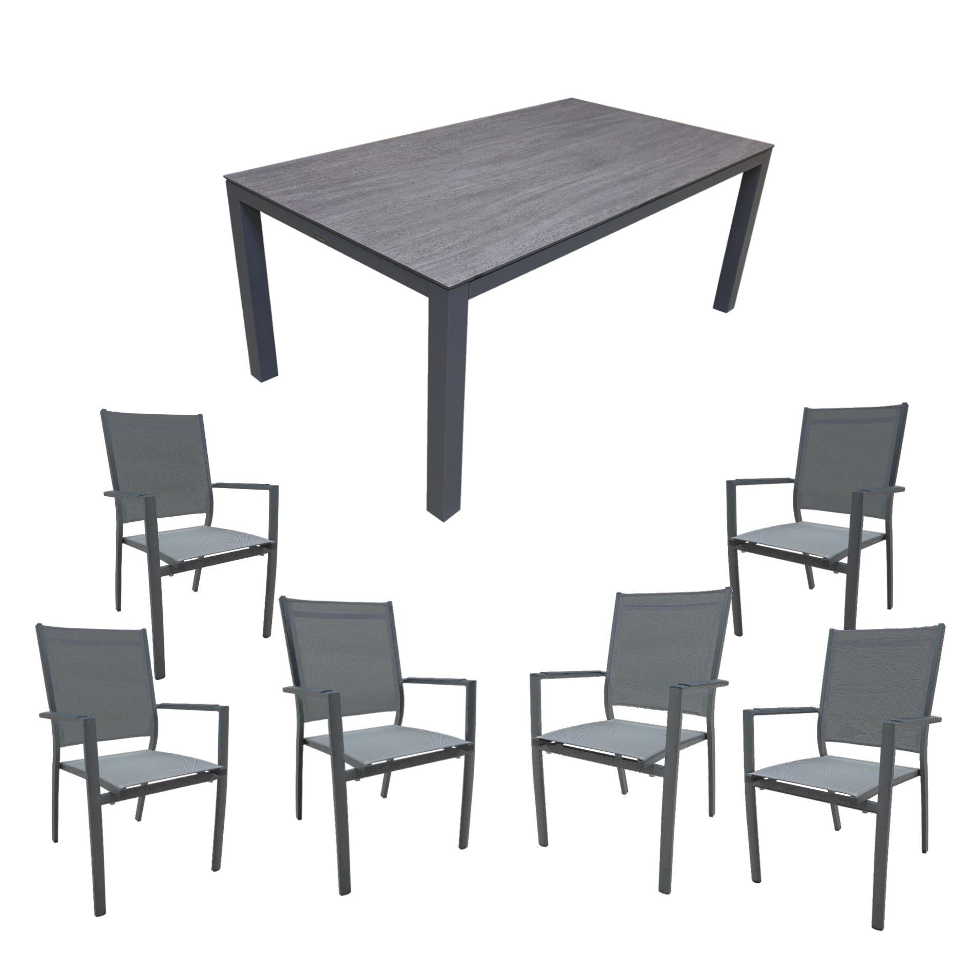 Home Islands Gartenmöbel-Set mit Tisch "Dayann" & Stapelsessel "Yuri", Gestelle Aluminium charcoal, Tischplatte HPL dark grey, Textilgewebe silver black
