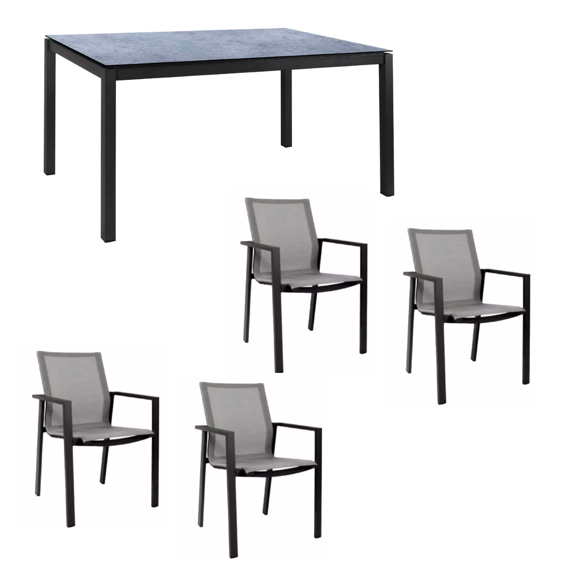 Jati&Kebon Gartenmöbel-Set mit Stuhl "Beja" und Tisch "Lugo", Alu anthrazit, Tischplatte HPL Zementgrau