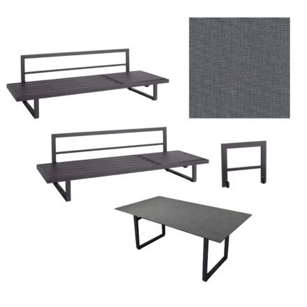 Jati&Kebon "Rao" Diningset, Gestelle Aluminium eisengrau, Polsterset Natté charcoal chiné, Tischplatte HPL Granit dunkelgrau, 160x90 cm