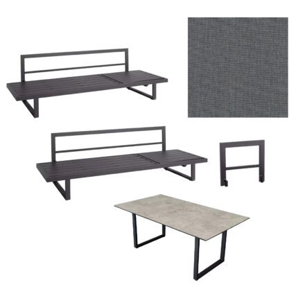 Jati&Kebon "Rao" Diningset, Gestelle Aluminium eisengrau, Polsterset Natté charcoal chiné, Tischplatte HPL Granit hellgrau, 160x90 cm