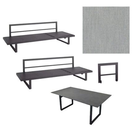 Jati&Kebon "Rao" Diningset, Gestelle Aluminium eisengrau, Polsterset Natté grey chiné, Tischplatte HPL Granit dunkelgrau, 160x90 cm